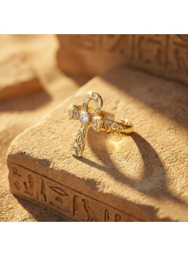 Shein 316 Stainless Steel Ankh Ring – Free Size – Gold Egyptian Life Symbol with Engraved Details – Anti‑Rust & Anti‑Fade - Image 3